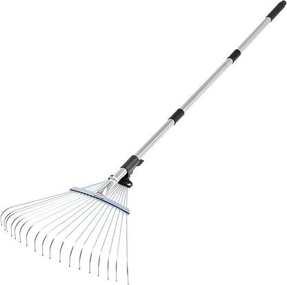 VEVOR Leaf Rake, 18 Metal Tines, Adjustable Garden Rake for Lawns with 7.7-17.1 Inch Head & 32.3-55.6 Inch Long Handle, Heavy Duty Stainless Steel Small Leaves Tool for Gardening Camping Yard Grass