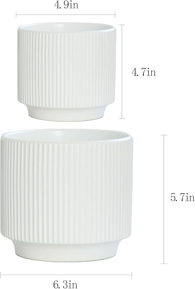 Ceramic 4.9+6.3 inch Planters, Modern Home and Office Flowerpot, Indoor and Outdoor Flowerpot with Drainage Hole (White)