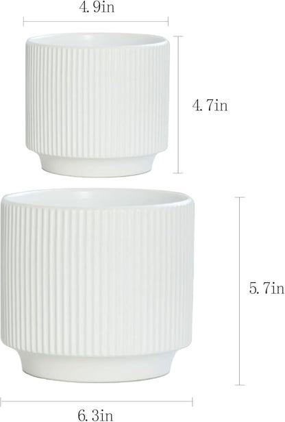 Ceramic 4.9+6.3 inch Planters, Modern Home and Office Flowerpot, Indoor and Outdoor Flowerpot with Drainage Hole (White)
