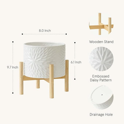 LA JOLIE MUSE White Planter with Stand,Mid Century Planters for Indoor Plants,Ceramic Plant Pot with Stand - 8 Inch Unique Modern Flower Pots Indoor with Drainage Holes