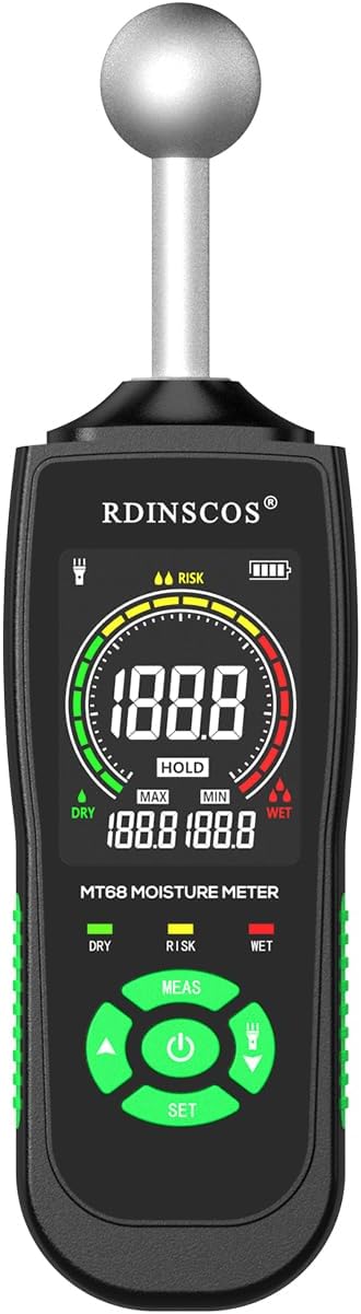 RDINSCOS Ball Probe Moisture Meter Non-Invasive Digital Moisture Detector with 40 mm Depth, Flashlight, LCD Display