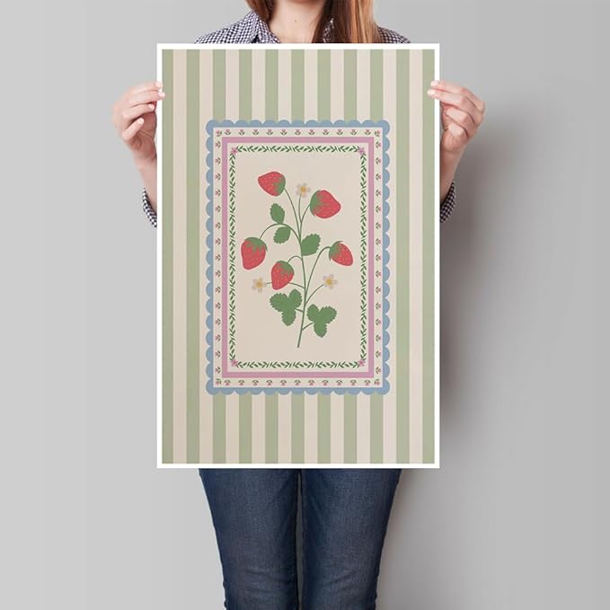 Vintage Green Striped Strawberry Canvas Prints Painting Trendy Botanical Flowers Posters Cute Fruit Cottagecore Wall Art Farmhouse Boho Aesthetic Pictures Decor for Kitchen Bedroom 16x24inch Unframed