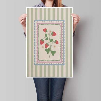 Vintage Green Striped Strawberry Canvas Prints Painting Trendy Botanical Flowers Posters Cute Fruit Cottagecore Wall Art Farmhouse Boho Aesthetic Pictures Decor for Kitchen Bedroom 16x24inch Unframed