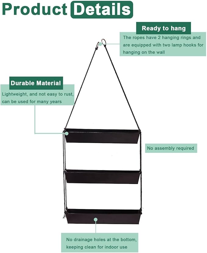 vensovo 16" Metal Wall Planter – 3-Tier Black Galvanized Hanging Shelf for Indoor Outdoor Plants, Vertical Garden Wall Mount for Balcony, Kitchen, or Entryway Decor