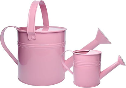 Small Metal Watering Can Set, Pink, 1.2L and 0.23L Garden Cans with Long Spout, Indoor Outdoor Plant Care (Pink)