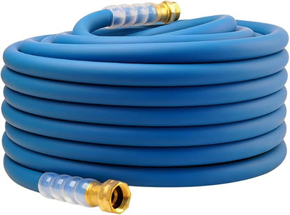 Heavy Duty Premium Garden Hose 90ft x 5/8", 300PSI Working, 1000PSI Burst, Hybrid Rubber Water Hose with Transparent Swivel Handle - Hot/Cold Water - Five Layered Braiding with Brass fittings (Blue)