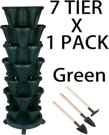 GameXcel Vertical Planter 7 Tier Stackable Planters Garden Planters Strawberry Herb Flower and Vegetable Planter Indoor Outdoor Gardening Pots with Removable Wheels and Tools