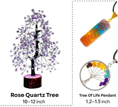 Rose Quartz Silver Wire Artificial Bonsai Tree – Crystal Healing Gem Tree for Love, Peace & Decor