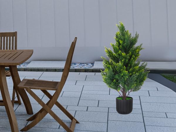 2.3FT Tall Artificial Cedar Topiary Trees Set of 2, Artificial UV Resistant Potted Plants, Faux Bushes Fake Shrubs for Outdoor Indoor Home Entryway Front Porch Garden Patio Offices Living Room Decor
