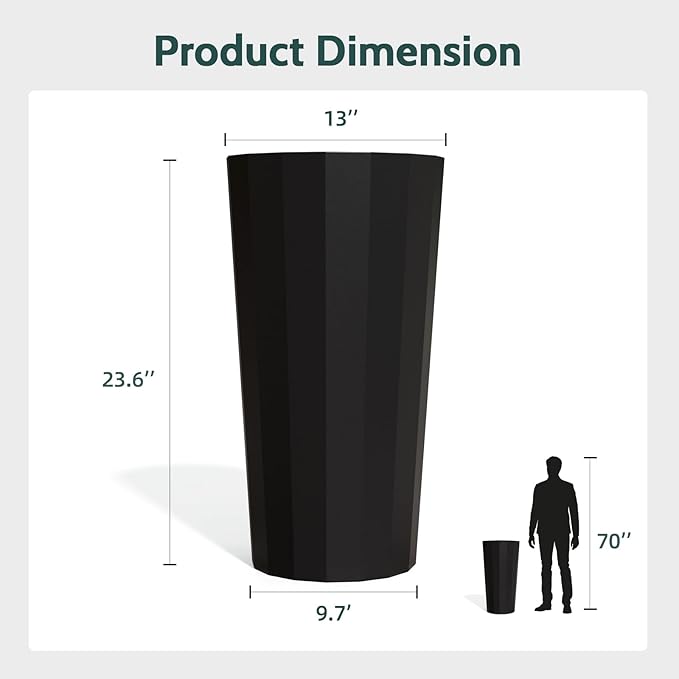 2PCS Tall Planters for Outdoor Plants, 23.6 Inches Large Outdoor Conical Flower Pots for Porch with Drainage Holes and Drainage Baffle, Tapered Large Planters for Garden, Balcony Use, Black