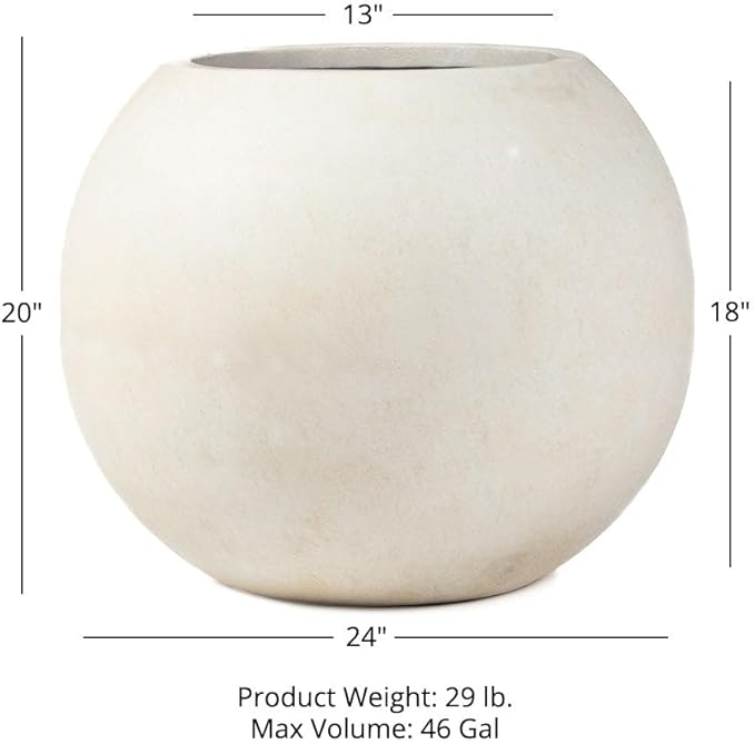 TITAN GREAT OUTDOORS Ash & Ember 24" Round Sphere Satin Ivory Planter, 46 Gallon Lightweight Fiberstone Composite with Weather-Resistant Finish, Modern Planter Pot for Indoor and Outdoor Plants