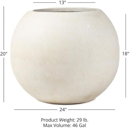 TITAN GREAT OUTDOORS Ash & Ember 24" Round Sphere Satin Ivory Planter, 46 Gallon Lightweight Fiberstone Composite with Weather-Resistant Finish, Modern Planter Pot for Indoor and Outdoor Plants