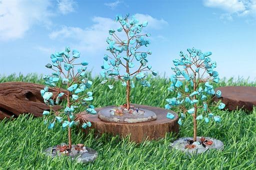 YATOJUZI Green Turquoise Crystal Trees Natural Crystals Stones Gemstones Tree Copper Wire Agate Base Tree of Life Feng Shui Decor Reiki Energy Lucky for Room Desk Home Decors Gifts for Women Men