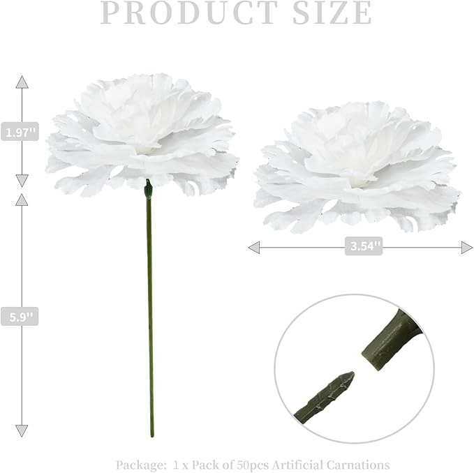 Silk Carnation Flower, 50 Artificial Flowers, Used for Wedding Decoration DIY Handmade Flowers, Carnation Flower Diameter 3.5 Inches and 6 Inches Stem (White)