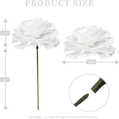 Silk Carnation Flower, 50 Artificial Flowers, Used for Wedding Decoration DIY Handmade Flowers, Carnation Flower Diameter 3.5 Inches and 6 Inches Stem (White)