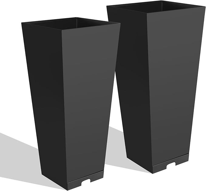 2-Pack Tall Galvanized Steel Planter Boxes with Quick-Clear Drains & Tray– Decorative 28" H Taper Planter for Indoors & Outdoors, Sturdy Metal Flower Pots for Birthday Festival & Decor
