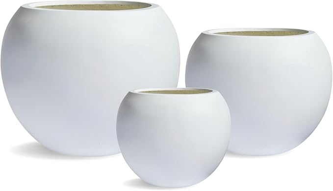 16" H x 20" D Globo Fiberstone Round Planter with Drainage Hole, Smooth Finishes, Weather Resistant for Indoor and Outdoor Use, Included 2 Extra Coco Mats (White, 13.5" Pot Opening)