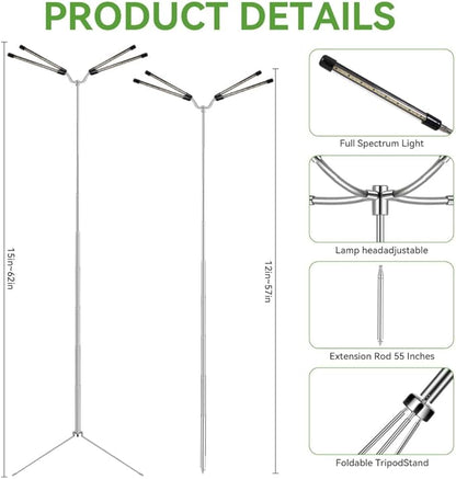 Grow Lights for Indoor Plants Full Spectrum,15-62 Inches Height Adjustable Dsektop and Standing Plant Growing Lamps with Detachable Tripod Stand, Auto On/Off Timer (Full Spectrum, Four Heads)
