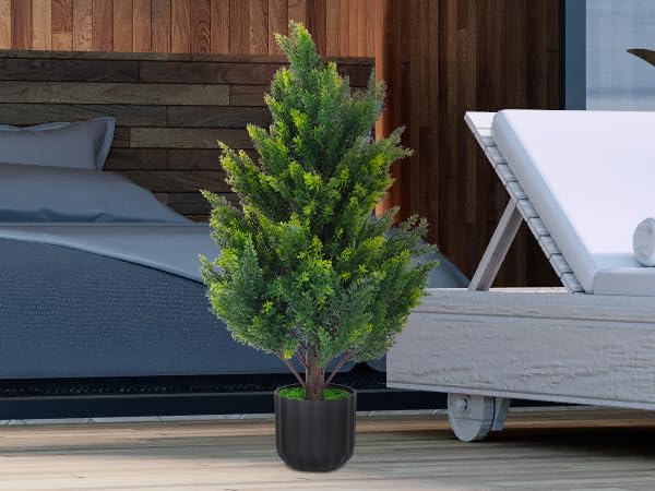 2.3FT Tall Artificial Cedar Topiary Trees Set of 2, Artificial UV Resistant Potted Plants, Faux Bushes Fake Shrubs for Outdoor Indoor Home Entryway Front Porch Garden Patio Offices Living Room Decor