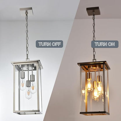 TODOLUZ 3-Lights Outdoor Pendant Light, Modern Brushed Nickel Outdoor Chandelier with Clear Glass, Adjustable Ceiling Mount Porch Light for Entryway Patio