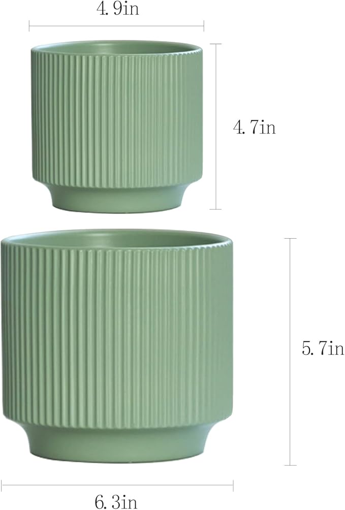Ceramic 4.9+6.3 inch Planters, Modern Home and Office Flowerpot, Indoor and Outdoor Flowerpot with Drainage Hole (Green)