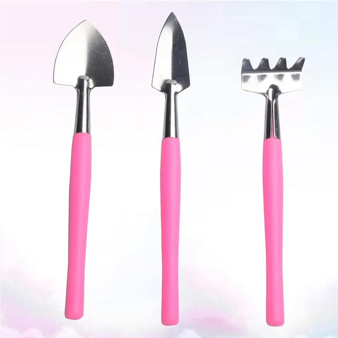 Mini Garden Tool Set 3pcs Iron Shovel Rake Hand Tools for Potted Plants Pink Gardening Weeding Transplanting Kit