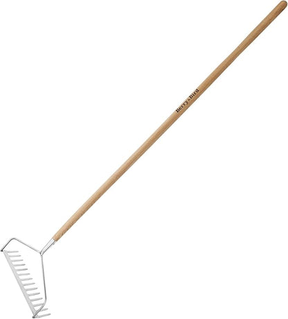 Berry&Bird 14 Tines Bow Rake for Gardening, 63-inch Garden Rakes Heavy Duty with Wooden Long Handle Stainless Steel Hard Rake for Lawn Loosening Soil, Weeding, Cleaning Leaves & Grass Cultivator Tool