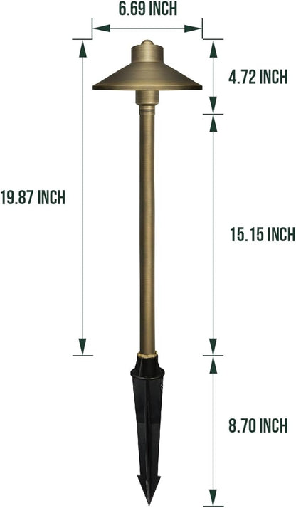GKOLED Solid Brass Landscape Path Lights (6.7" Shade, 20" Tall), Low Voltage LED 3W 12-24V AC/DC China Hat Path Lighting, 2700K Outdoor Waterproof Walkway Light, with Stake and G4 Bulb, 2 Pack