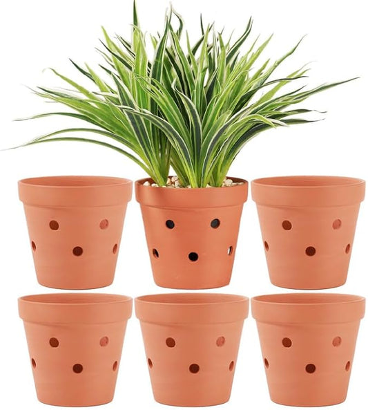 Yishang 6 Inches Terracotta Orchid Pots with Holes - Set of 6 Clay Orchid Planter Pots for Repotting, Small Flower Plant Pots for Orchid Indoor & Outdoor, Promotes Air Circulation