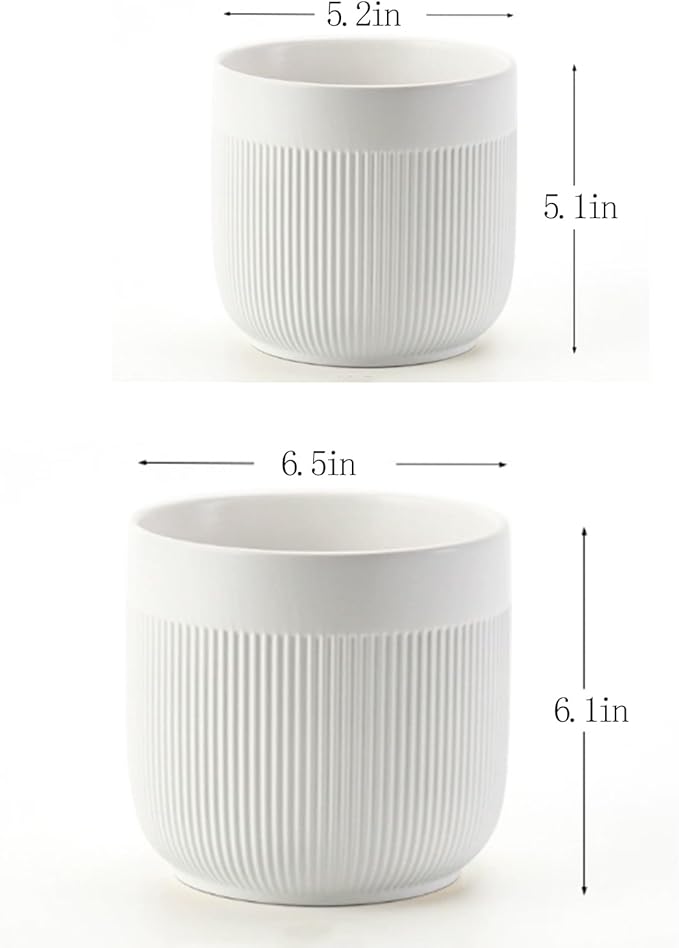 Ceramic 5.2+6.5 inch Planters, Modern Home and Office Flowerpot, Indoor and Outdoor Flowerpot with Drainage Hole (White)
