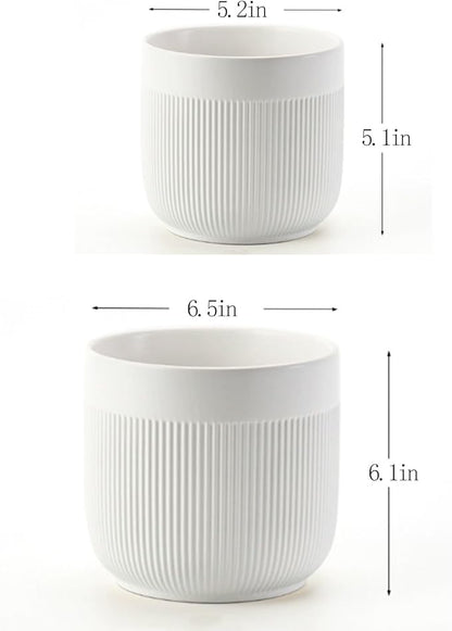 Ceramic 5.2+6.5 inch Planters, Modern Home and Office Flowerpot, Indoor and Outdoor Flowerpot with Drainage Hole (White)