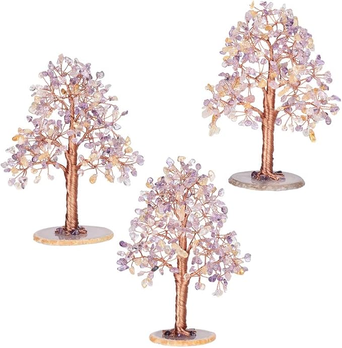 Natural Healing Crystal Tree of Prosperity Wire Wrapped on Agate Base Handmade Money Tree Bonsai Home Office Decoration for Good Luck, Amethyst and Citrine