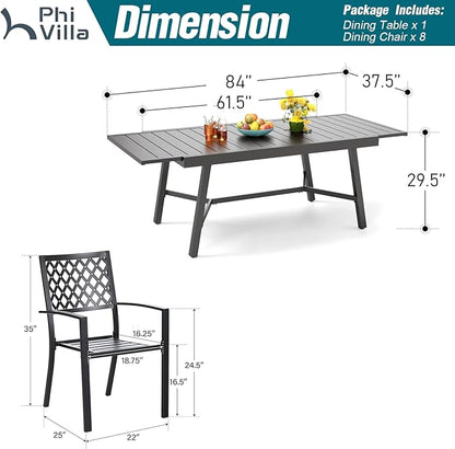 PHI VILLA 9 Pieces Outdoor Dining Set for 8, 84" Long Expandable Wrought Iron Table & Stackable Metal Chairs, Large Furniture Set for Patio, Deck, Yard, Porch - Black