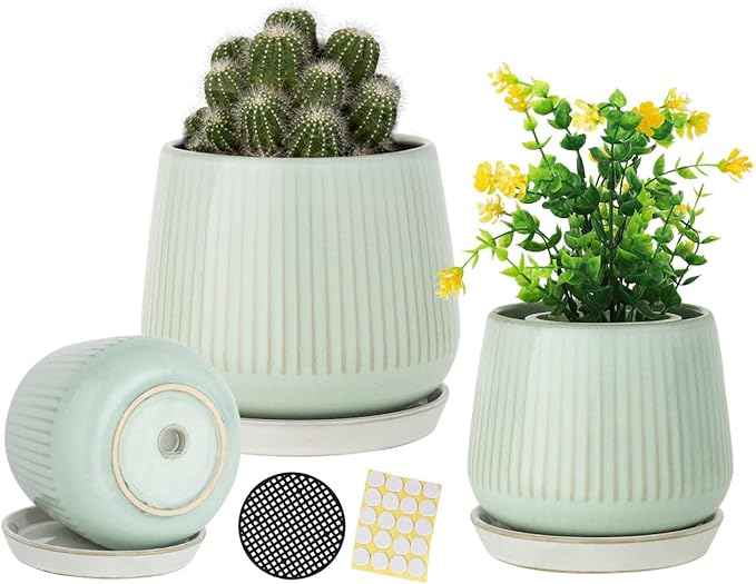 TAMAYKIM 4.25 + 5.5 + 7 Inch Ceramic Plant Pots with Drainage Holes and Saucers, Small to Large Planter Sets for Plants, Succulent, Cactus and Herbs, Green, Set of 3