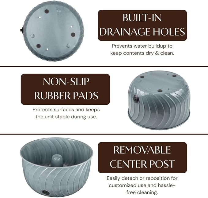 Monarch Abode Garden Hose Holder with Lid – Decorative Water Hose Holders for Outside, Wave Embossed Metal Patina Pot with Drainage, 100ft Waterhose Holder for Outside, Garden Storage Caddy
