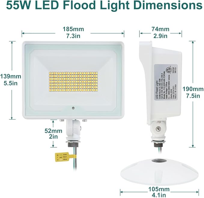 kadision 55W White LED Flood Light with Dusk-to-Dawn Photocell, 3000K/4000K/5000K Selectable, 120V 6600lm IP65 Waterproof Knuckle Mount Outdoor Security Lights, ETL Listed 2-Pack
