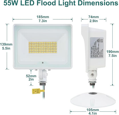 kadision 55W White LED Flood Light with Dusk-to-Dawn Photocell, 3000K/4000K/5000K Selectable, 120V 6600lm IP65 Waterproof Knuckle Mount Outdoor Security Lights, ETL Listed 2-Pack
