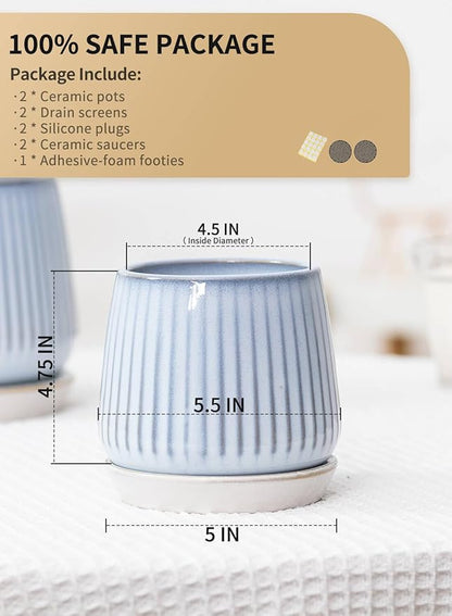 TAMAYKIM 5.5 Inch Ceramic Plant Pots with Drainage Holes and Saucers, Flower Planter with Tray for Indoor/Outdoor Planting, Succulent, Cactus & Herbs, Blue, Set of 2