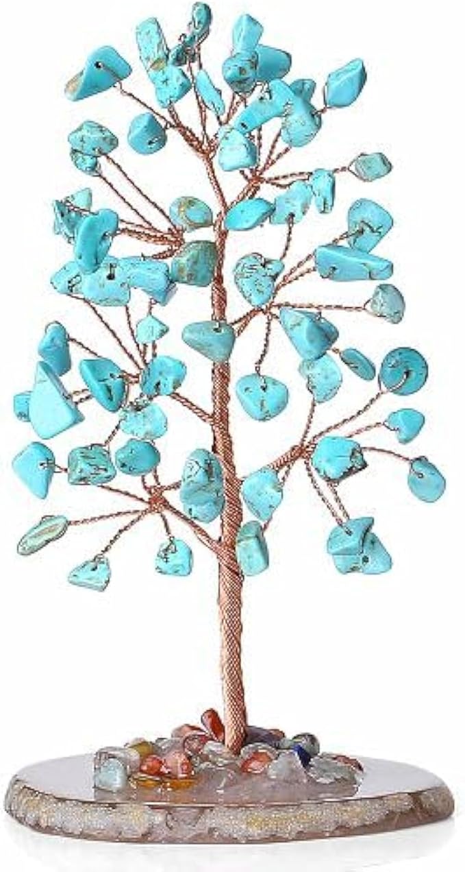 YATOJUZI Green Turquoise Crystal Trees Natural Crystals Stones Gemstones Tree Copper Wire Agate Base Tree of Life Feng Shui Decor Reiki Energy Lucky for Room Desk Home Decors Gifts for Women Men