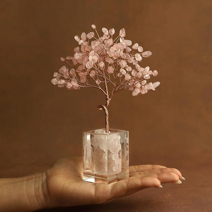 Rose Quartz Crystal Tree of Life Office Desk Decor for Women Home Living Room Decorations, Handmade Bonsai Tree for Emotional Support Harmony Natural Healing