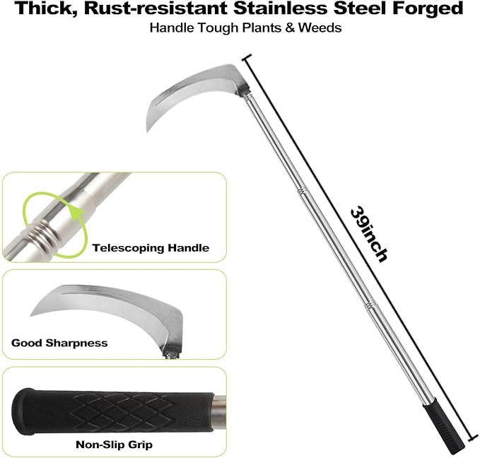 Sickle Weeding Garden Tool, Hand Weed Scythe for Grass Cutting, Billhook for Vines Bushes Cutter for Yard, Fields, Lawn and Ditches, Scythes Knife Tool for Farming Harvesting -Long Handle