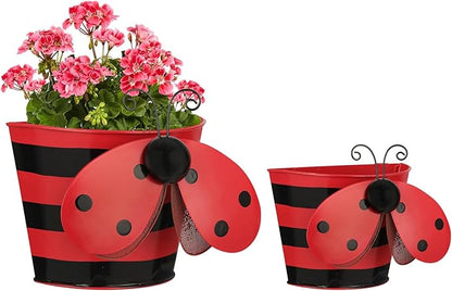 BAYN Set of 2 Ladybug Wall Hanging Planter Decor Art, Metal Wall Mounted Planters Garden Yard Decorative Flower Pot Indoor Outdoor Wall Planter Succulent Plant Container