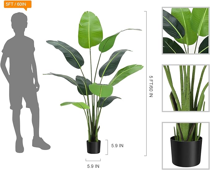 GarveeHome Artificial Bird of Paradise Plant 5 ft (60 in) Fake Palm Tree for Indoor Outdoor Modern Decor Faux Plants for Home Office Perfect Housewarming Gift with 10 Trunks Faux Leaves 1 Pack