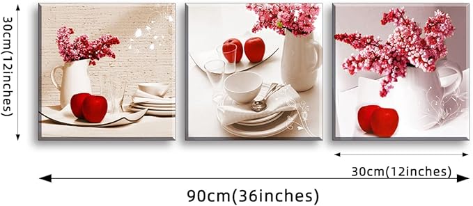 TEKMENT Red Apple Wall Art for Kitchen, SZ Flower Bowl and Dish Canvas Prints Decor for Dining Room (Waterproof Artwork, Bracket Mounted Ready to Hang)