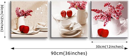 TEKMENT Red Apple Wall Art for Kitchen, SZ Flower Bowl and Dish Canvas Prints Decor for Dining Room (Waterproof Artwork, Bracket Mounted Ready to Hang)