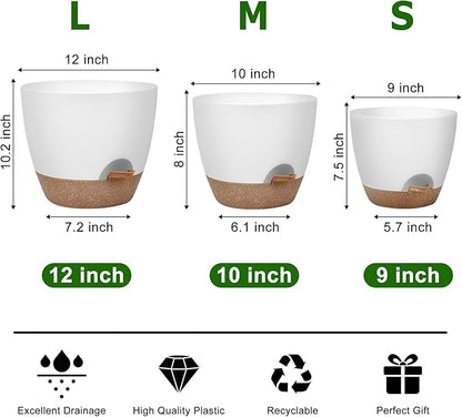 Plant Pots 12/10/9 Inch Self Watering Pots, Set of 3 Plastic Planters with Drainage Holes and Saucers,Plastic Flower Pots,Nursery Planting Pot for Indoor Out Door Plants(White)