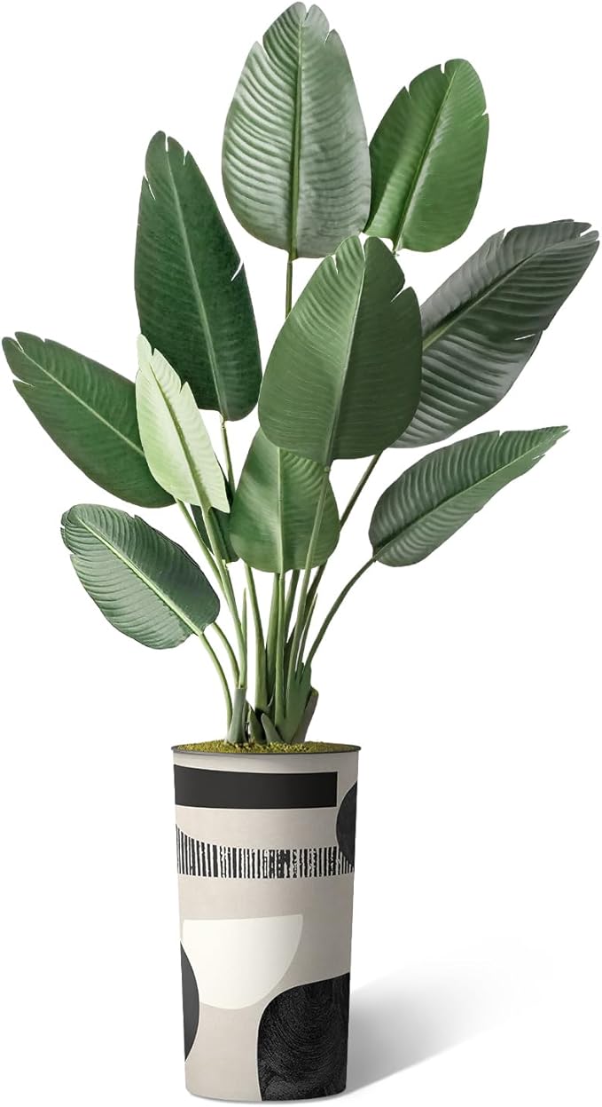 Artificial Tree in Beige and Brown Abstract Pattern Planter, Fake Bird of Paradise Silk Tree for Indoor and Outdoor Home Decoration - 67" Overall Tall (Plant Pot Plus Tree)