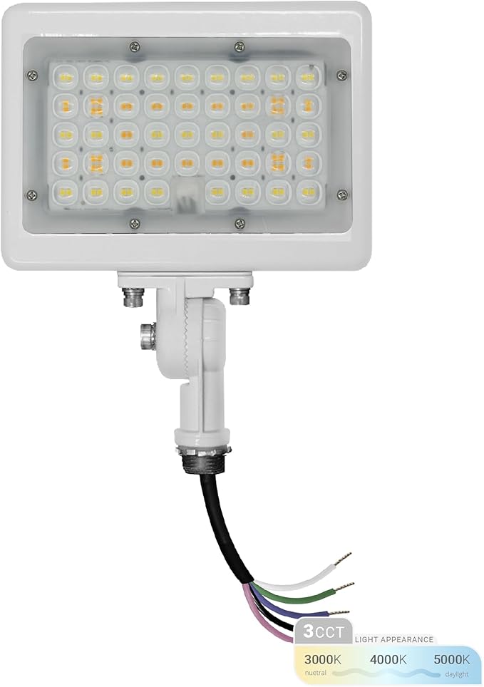 NUWATT 30W LED Flood Light, 3CCT 3000K/4000K/5000K Selectable, IP65 Waterproof Lighting, Adjustable Knuckle Mount, 4200LM, 0-10V Dimmable, 120-277V, Outdoor Security Floodlight for Yard, White, UL