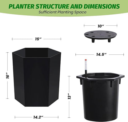 16in Flower Pot Set of 2, Self Watering Planters for Indoor Plants with Water Level Monitoring, Bottom Wheels and Water Outlet for Garden Plant Pots, Patio, Balcony, Lounge, Front Porch Decor