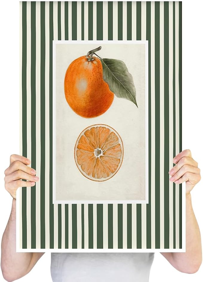Vintage Green Striped Orange Fruit Canvas Wall Art Modern Farmhouse Botanical Kitchen Food Prints Posters Minimalist Colorful Aesthetic Pictures Boho Decor for Bedroom Restaurant 24x36inch Unframed